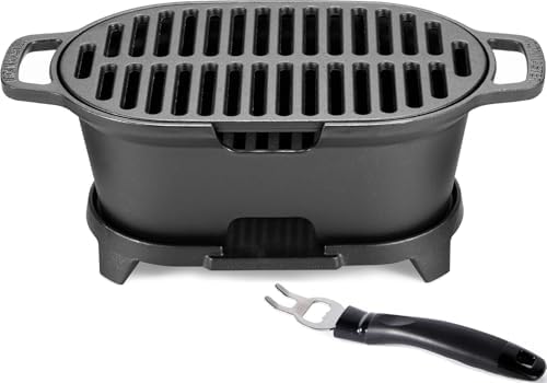 IRONMAX Mini Hibachi Grill Outdoor, Portable Small Charcoal Grill and Tabletop Cast Iron Skillet, 100% Cast Iron, Durable, Camping BBQ Grill Grate 11" x 6.7" for 2 People