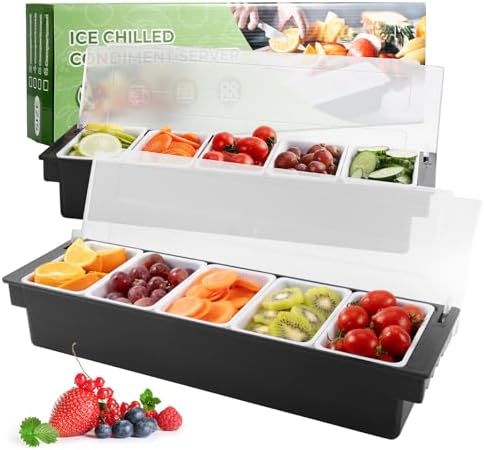 WICHEMI Ice Chilled Condiment Caddy with 5 Removable Trays and Lid, 2 Pack