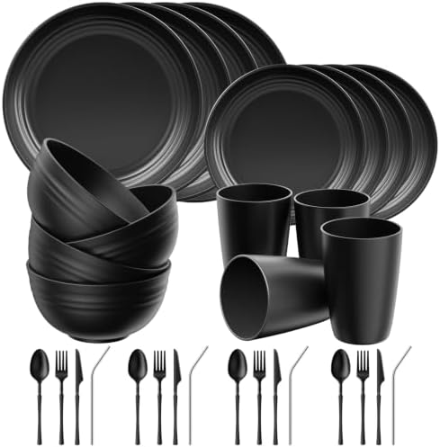 Quatish 32 Piece Plastic Plates and Bowls Sets for 4, Dinnerware Set Black