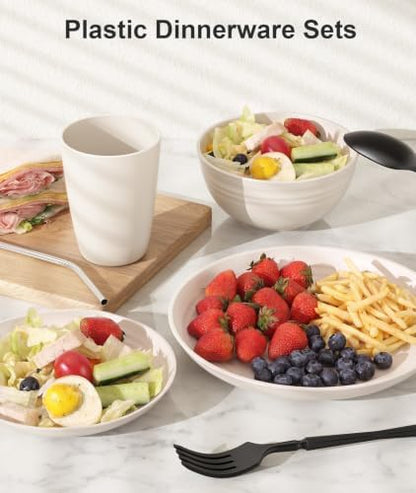 Quatish 64 Piece Plastic Plates and Bowls Sets for 8, Dinnerware Sets Beige