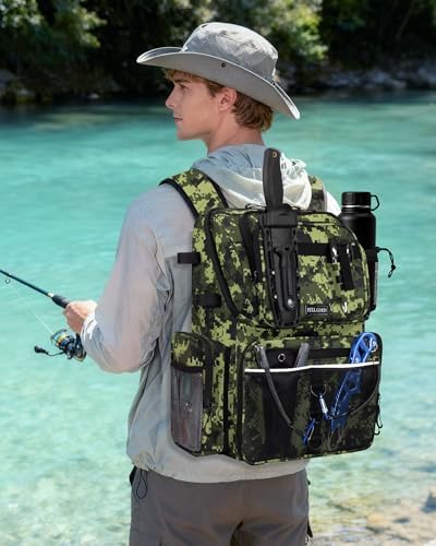 HXLGMD Fishing Backpack with Rod Holders, 43L Large Water Resistant Tackle Bag Storage Gear and Equipment with Cooler for Men Fishing, Camping, Hiking, Green