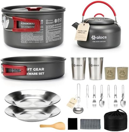ALOCS 19pcs Camping Cookware Mess Kit, Pots and Pans Set with Kettle