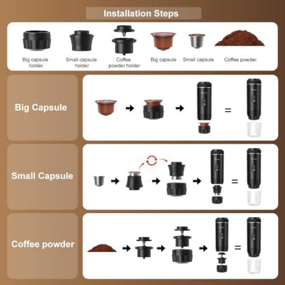 Portable Espresso Machine, Self-Heating Travel Coffee Maker with USB-C, 20 Bar Portable Coffee Maker for Ground Coffee & NS Capsules, for Camping, RV, Hiking, Office