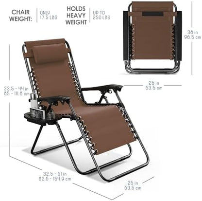 Nestl Zero Gravity Chairs, Portable Patio Lounge Chair Outdoor with Pillows & Cup Holder Trays, Adjustable Steel Mesh Reclining Camping Chair, Folding Patio Lawn Chair for Deck, Beach, Yard - Brown