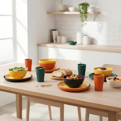 Wheat Straw Dinnerware Set for 4, 16PCS Unbreakable Plates Bowls Cups, Microwave & Dishwasher Safe Plastic Dishes, Lightweight Reusable Dinnerware for Kitchen, Camping, RV & Dorm(Macaron)