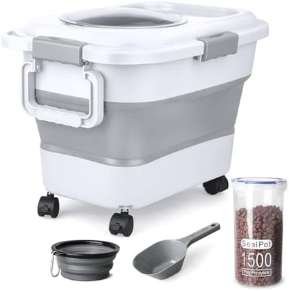 Dog Food Storage Container, 10-20 lbs Airtight Collapsible Cat Food Storage Container with Attachable Wheels, Portable Handle, Dog Food Scoop for Dog Cat Bird Pet Dry Food Storage Bin Light Grey
