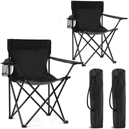 2 Pack Portable Camping Chairs Folding Lawn Chair Outdoor Lightweight Beach Chair with Cup Holder & Carry Bag for Outside Sports, Fishing, Hiking, Travel, Picnic, Backyard (Black-Dark)