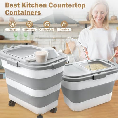 Komzon Rice Storage Container 20-30 lb, 17 lb Pet Dog Food Storage Container, Collapsible Food Storage Containers, Rice Dispenser Bin with Cup and Scoop for Flour Cereal Pasta Grain, Cat Bird Food