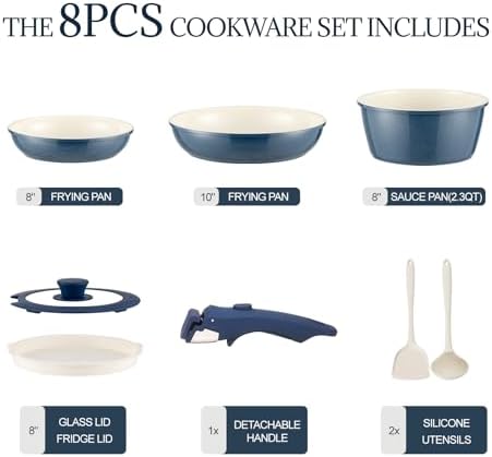 8Pcs Pots and Pans Set Nonstick Ceramic Cookware Set Removable Handle Induction Kitchen Cooking Set with Frying Pans and Sauce Pan, Blue