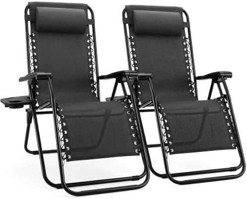 Sweetcrispy Zero Gravity Chairs, Set of 2 Portable Recliner Beach Camping Patio Outdoor Folding Lounge Chair with Cup Holder Trays and Adjustable Pillow for Poolside, Garden, Backyard, Lawn, Black