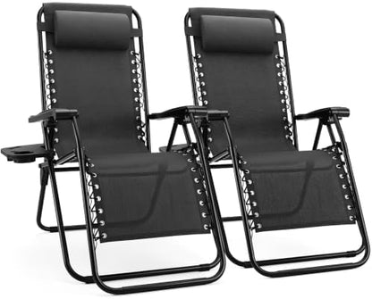 Sweetcrispy Zero Gravity Chairs, Set of 2 Portable Recliner Beach Camping Patio Outdoor Folding Lounge Chair with Cup Holder Trays and Adjustable Pillow for Poolside, Garden, Backyard, Lawn, Black