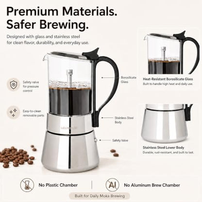 Mixpresso 9 Cup Greca Moka Pot, Glass Stovetop Espresso Maker
