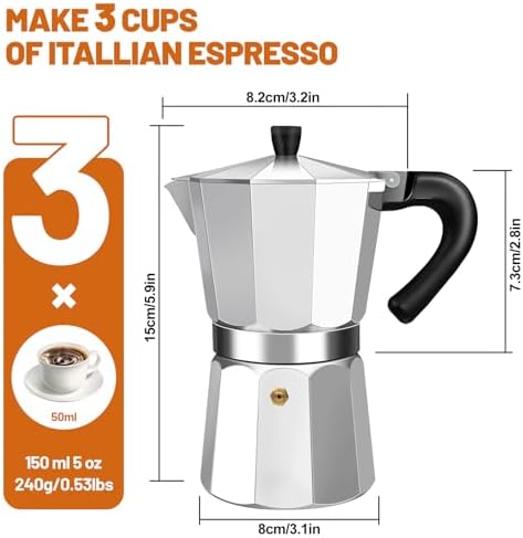 3 Cup Aluminum Espresso Stovetop Moka Pot Express Coffee Maker Percolator Italian Classic Mocha Coffee Machine for Italian and Cuban Cafe Brewing for Home & Camping 150ml 5oz