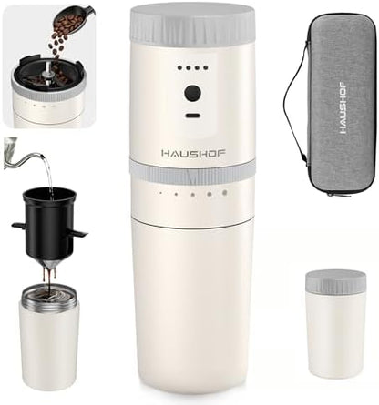 HAUSHOF Portable Coffee Maker for Travel, Rechargeable Electric Grinder
