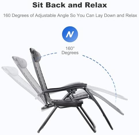Nazhura Set of 2 Relaxing Recliners Patio Chairs Adjustable Steel Mesh Zero Gravity Lounge Chair Beach Chairs with Pillow and Cup Holder(Grey)