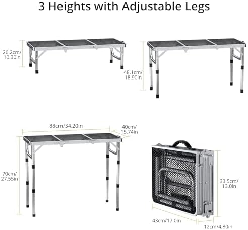 Anbte 3ft Folding Grill Table with Storage Bag, 3 Adjustable Height 27.5" Aluminum Portable Grill Table, Heat Resistant, Lightweight, Portable Handle for BBQ Cooking Camping Travel, 35" X 16", Silver