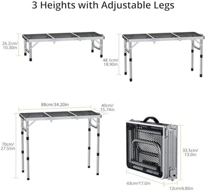 Anbte 3ft Folding Grill Table with Storage Bag, 3 Adjustable Height 27.5" Aluminum Portable Grill Table, Heat Resistant, Lightweight, Portable Handle for BBQ Cooking Camping Travel, 35" X 16", Silver