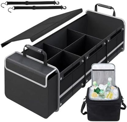 AOPHY Car Trunk Organizer with Insulated Cooler Bag, Foldable & Waterproof Storage Organizer with Lid for SUV, Truck, Sedan - 4 Large Adjustable Compartments, Heavy Duty & Collapsible Design