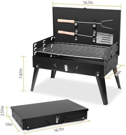 KOCASO Portable Charcoal Grill, Foldable BBQ Suitcase Grill Shelf for Outdoor Camping Picnics Garden Grilling – 16.7x10x17.7 in