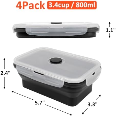 Collapsible Silicone Food Storage Containers Set with Lid & Air Vent,Foldable Lunch Containers(4PCS,Black,27oz)