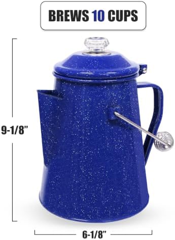 WILD Deluxe Camping Percolator Coffee Pot - Glazed Enamel Finish - Stainless Steel Internal Components - Hanging Handle - Clearview Glass Top - 10 Cups
