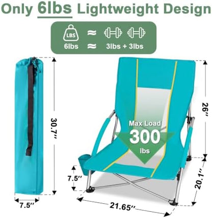 Romswi Low Beach Chairs for Adults 2 Pack, Lightweight Folding Sand Chairs with Breathable Mesh Back & Cup Holder, Portable Compact Camping Chairs, 300lbs Capacity,Green