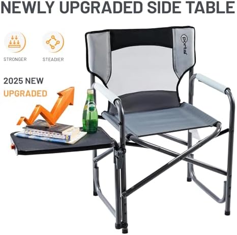 Portal Director Camping Chair with 2-Way Rotating Side Table, 300 lb, Gray