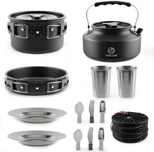 Camping Cookware Set 17 pcs Camping Cooking 0.30G Kettle 0.45G Pot 7 in Pan and 2pcs Stainless Steel Cups Plates Forks Knives Spoons Bag for 1-2 People Backpacking Hiking Picnic