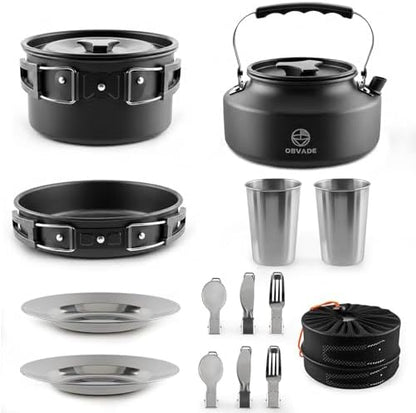 Camping Cookware Set 17 pcs Camping Cooking 0.30G Kettle 0.45G Pot 7 in Pan and 2pcs Stainless Steel Cups Plates Forks Knives Spoons Bag for 1-2 People Backpacking Hiking Picnic