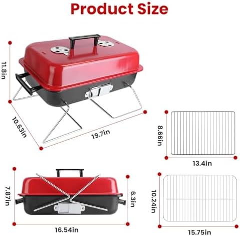 Portable Charcoal Grill, 19.7x10.63x11.8in Folding Outdoor Tabletop BBQ Grill, Small Barbecue Smoker Grill with Lid for Outdoor Cooking Backyard Camping Picnics Beach