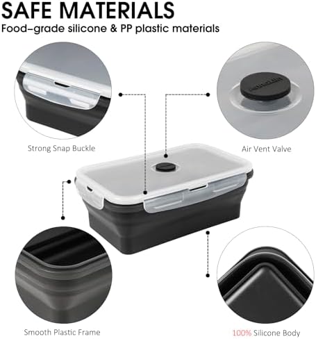 Collapsible Food Storage Containers with Lids, 8 Pack, 40 oz Silicone 1-Compartment Meal Prep Containers Reusable, Lunch Bento Boxes for Adults, Microwave Freezer Dishwasher Safe, BPA-Free, Black