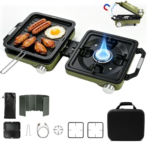 2 Burner Camping Stove with Windshield, 24000 BTU Propane Camp Stove, Portable Folding Camp Stove with Frying Pan, Coffee Stand & Carry Bag, Camping Essentials for Picnic, RV, Camp kitchen, Green