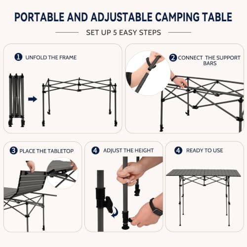 Portable Folding Camping Table, Adjustable Height, Black, 37 x 21 in