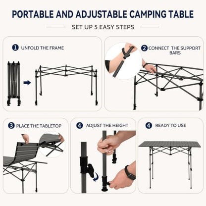 Portable Folding Camping Table, Adjustable Height, Black, 37 x 21 in
