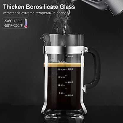 QUQIYSO French Press 34oz, Stainless Steel and Thickened Glass Coffee Maker