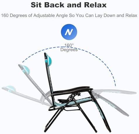 Nazhura Set of 2 Relaxing Recliners Patio Chairs Adjustable Steel Mesh Zero Gravity Lounge Chair Beach Chairs with Pillow and Cup Holder (Light Blue Stripe)