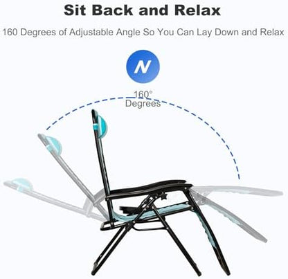 Nazhura Set of 2 Relaxing Recliners Patio Chairs Adjustable Steel Mesh Zero Gravity Lounge Chair Beach Chairs with Pillow and Cup Holder (Light Blue Stripe)