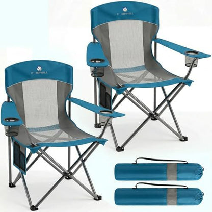 2 Pack Camping Chairs for Adults,Oversized Mesh Back Lawn Chair with Cup Holder, Side Pocket&Bag for Outdoor,Beach,Picnic,Fishing,and Sports,Breathable,Heavy Duty,Blue