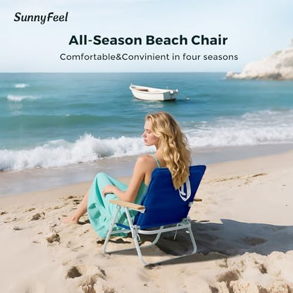 SUNNYFEEL Foldable Beach Chair, Beach Chair Backup with Wood Armrest & Cushion, Lightweight Camping Chair Heavy Duty for Beach, Camping, Lawn, Outdoor, Blue, 2 Pack
