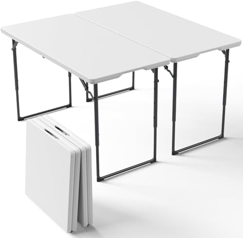 2 Pack Folding Table, 4FT Foldable Picnic Table with Adjustable Height, Heavy Duty Fold-in-Half Portable Table for Weddings, Camping, RV Travel, Parties, BBQs, and Indoor Use, Easy to Fold and Store
