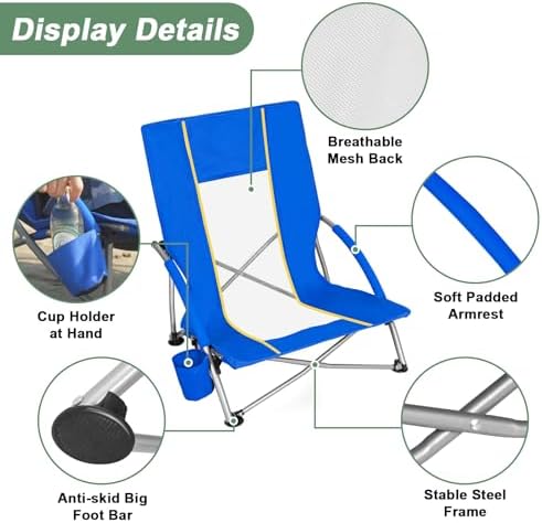 Romswi Low Beach Chairs for Adults 2 Pack, Lightweight Folding Sand Chairs with Breathable Mesh Back & Cup Holder, Portable Compact Camping Chairs, 300lbs Capacity,Blue