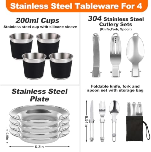 34PC Camping Cookware Set for 5-7, 2 Pots, Frying Pan & Kettle