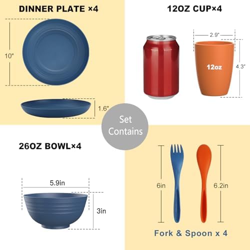 PYRMONT Wheat Straw Plate and Bowl Set 20 PCS Unbreakable Dinnerware Set Service for 4 Dishwasher & Microwave Safe Kitchen Dish Set for RV,Camping and Picnic,Kitchen Essentials-Multi