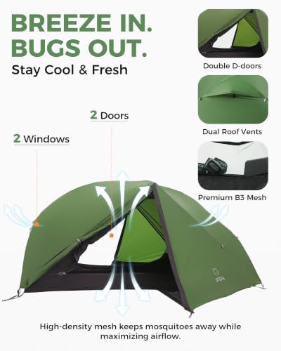 ATEPA Voyage 1-2 Backpacking Tent, Ultralight 20D SilNylon 4 Season Camping Tent, 4000mm Waterproof Freestanding Tent with Expandable Vestibule for Hiking, Bikepacking & Mountaineering