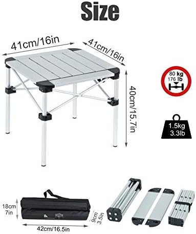 iClimb Lightweight Stable Alu. Folding Square Table Roll Up Top (Silver, S)