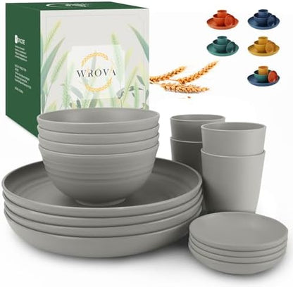 Wrova Wheat straw plates and bowls sets of 16 - Unbreakable wheat straw dinnerware sets for party - Alternative plastic dinnerware set for camping,party and R.V. Grey