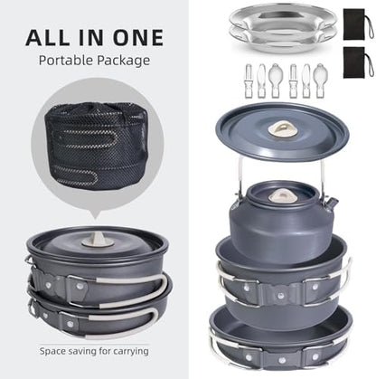 13-Piece Camping Cookware Set for 2, 2 L Pot & 1.1 L Kettle