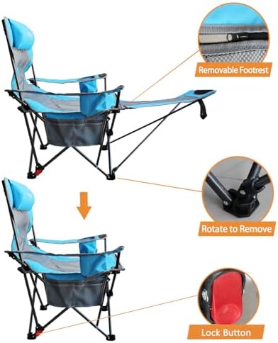 Reclining Camping Chair with Removable Footrest Lounge Chair with Headrest, Cotton Cushion, Portable Adjustable Folding Chairs