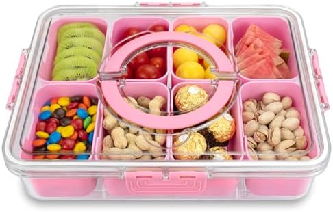 Divided Serving Tray with Lid and Handle, 8 Compartments Snack Box, Portable Platter for Candy Fruits Nuts, Snack Party Entertaining Picnic