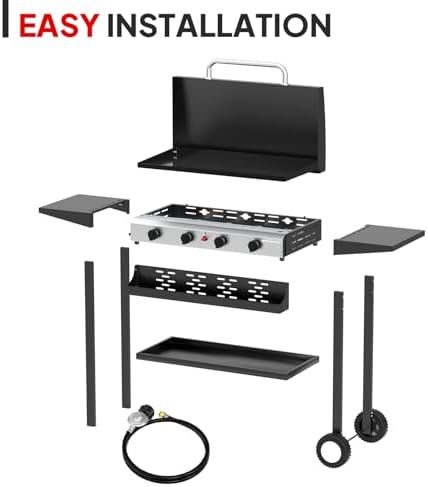 Bonnlo 40000BTU Propane Griddle with Lid and Ignition, Standing Flat Top Gas Grill with Storage Shelf and Portable Rolling Wheels, 4 Burner Camping Cooker for Patio Backyard Outdoor Cooking BBQ